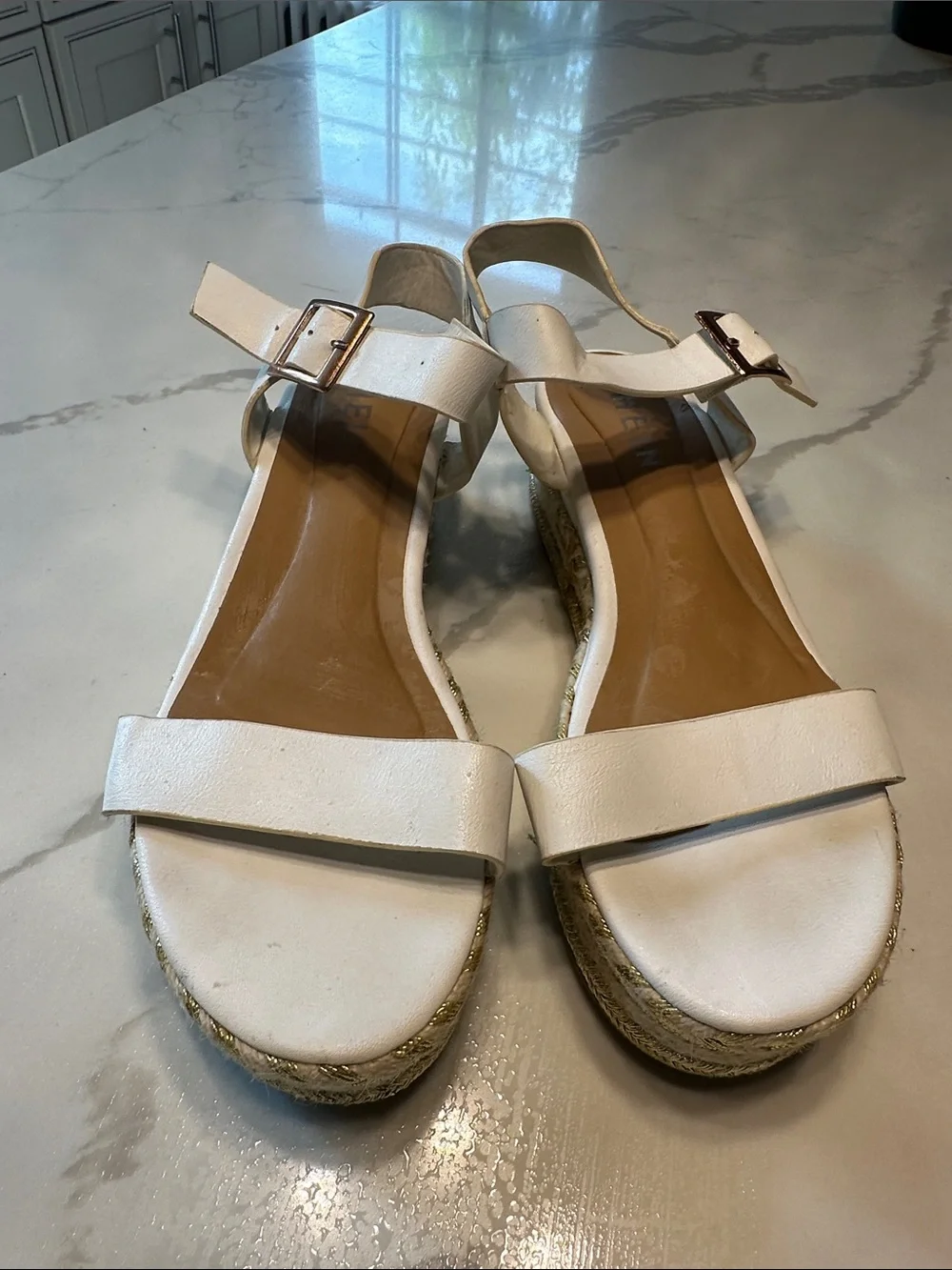 SHEIN White Espadrille Platform Sandals with Ankle Buckle